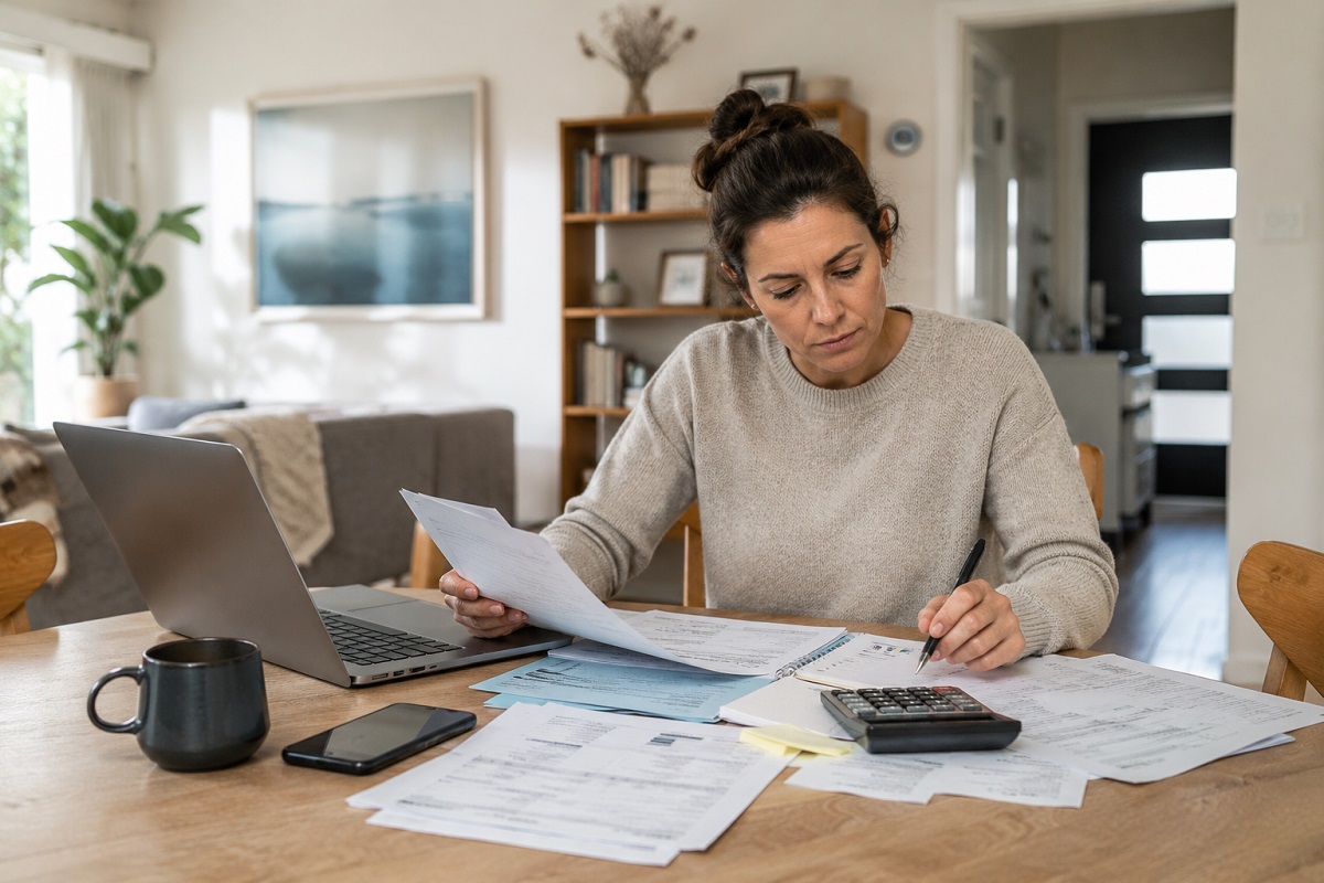 Focused woman working at a home desk