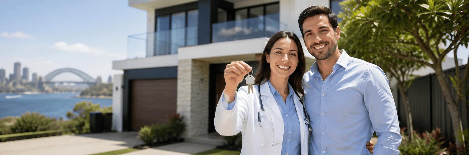 Doctor holding house keys with her partner in front of a Sydney home