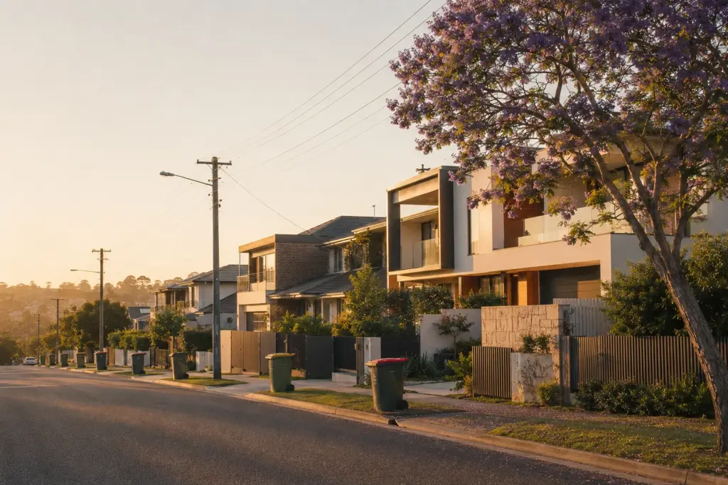 Sydney residential street with modern homes at sunset