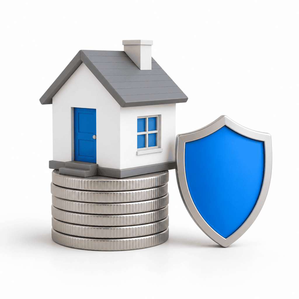 House on a stack of coins beside a shield, representing the no LMI waiver on home loans for nurses