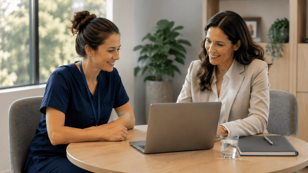Registered nurse reviewing home loans for nurses options with a Soren Financial mortgage broker