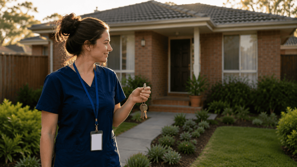 Home loans for nurses - registered nurse holding keys outside a new Australian home