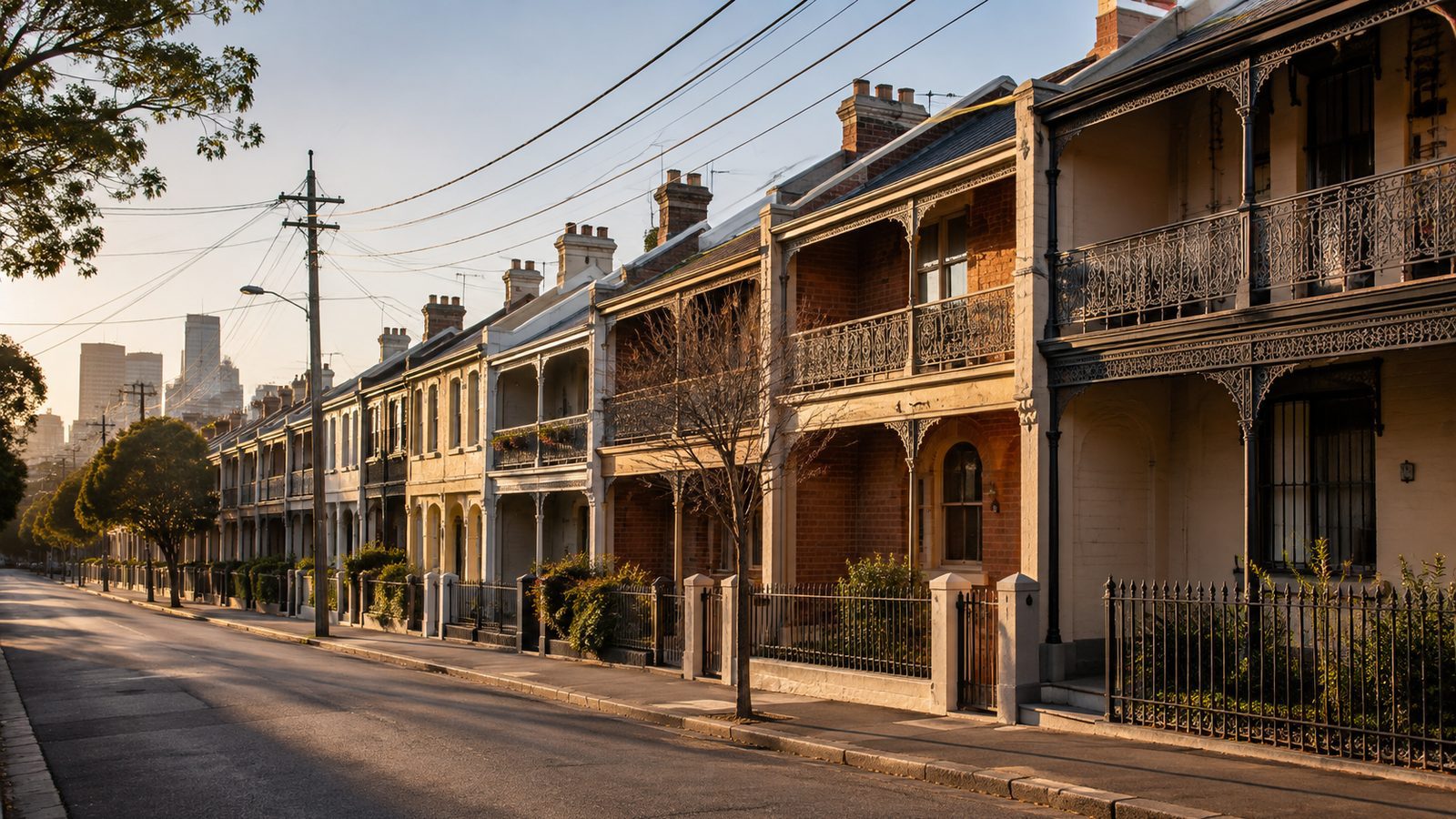 Victorian terrace houses with cast-iron lacework on an inner-Sydney street at sunrise