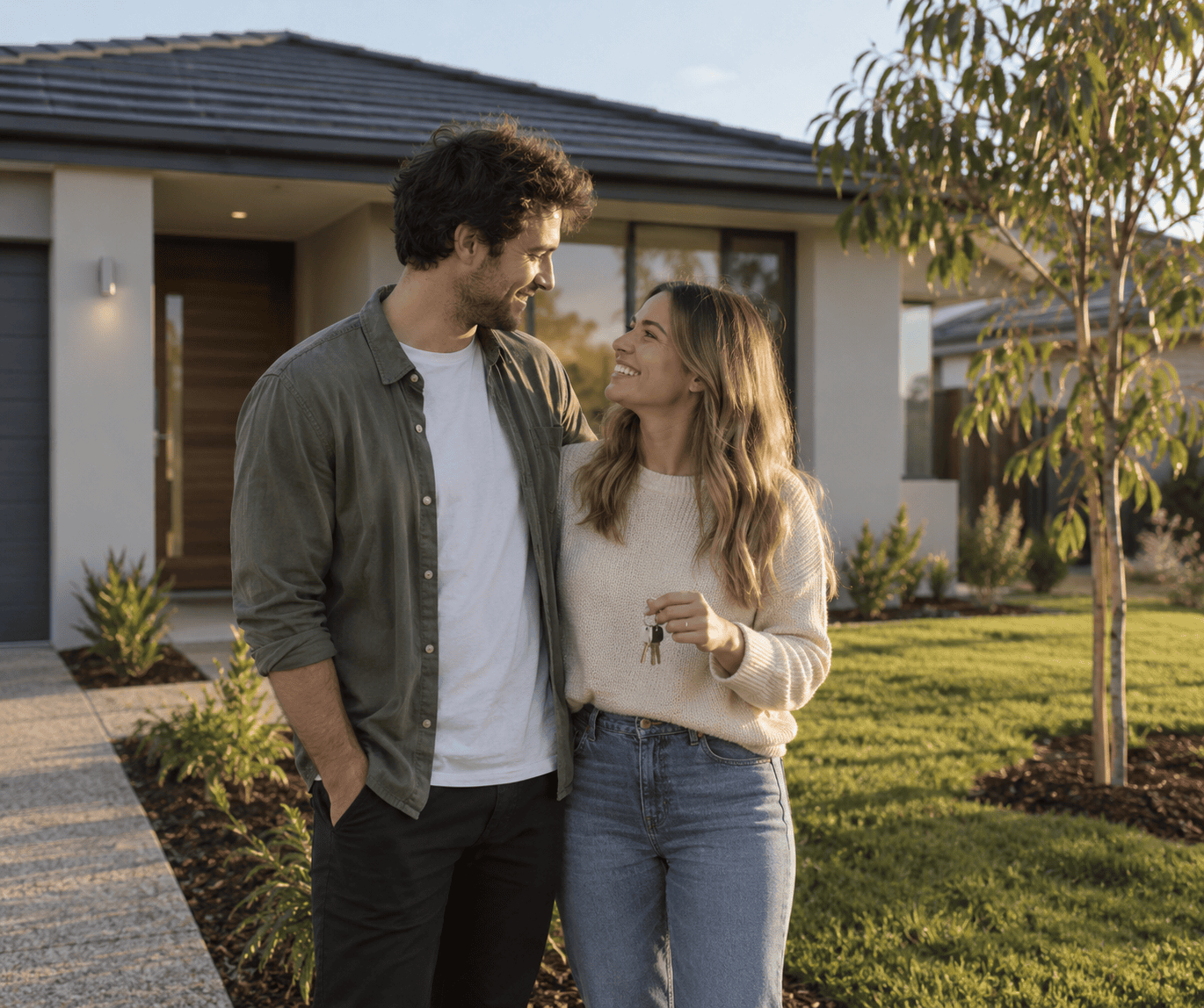 First home buyers holding the keys outside their new Australian home