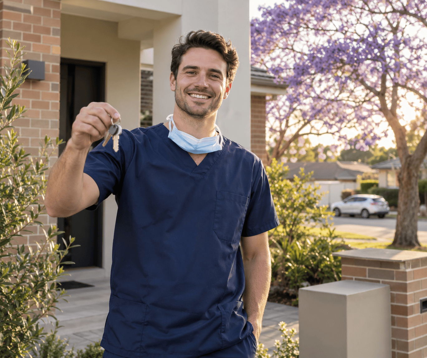 Dentist in scrubs holding keys outside a new Australian home