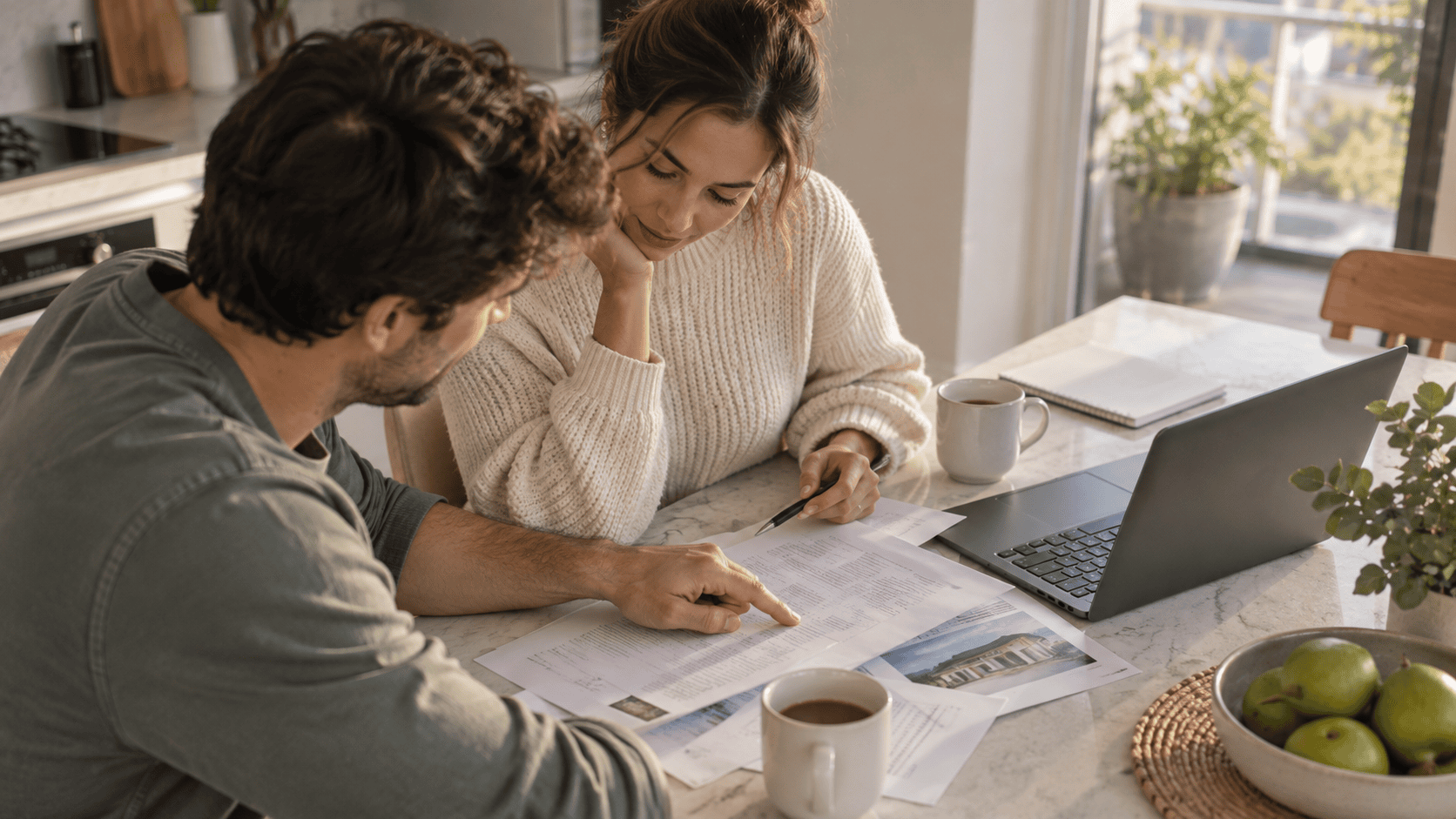 Couple going through NSW first home buyer grant and stamp duty paperwork at their kitchen table