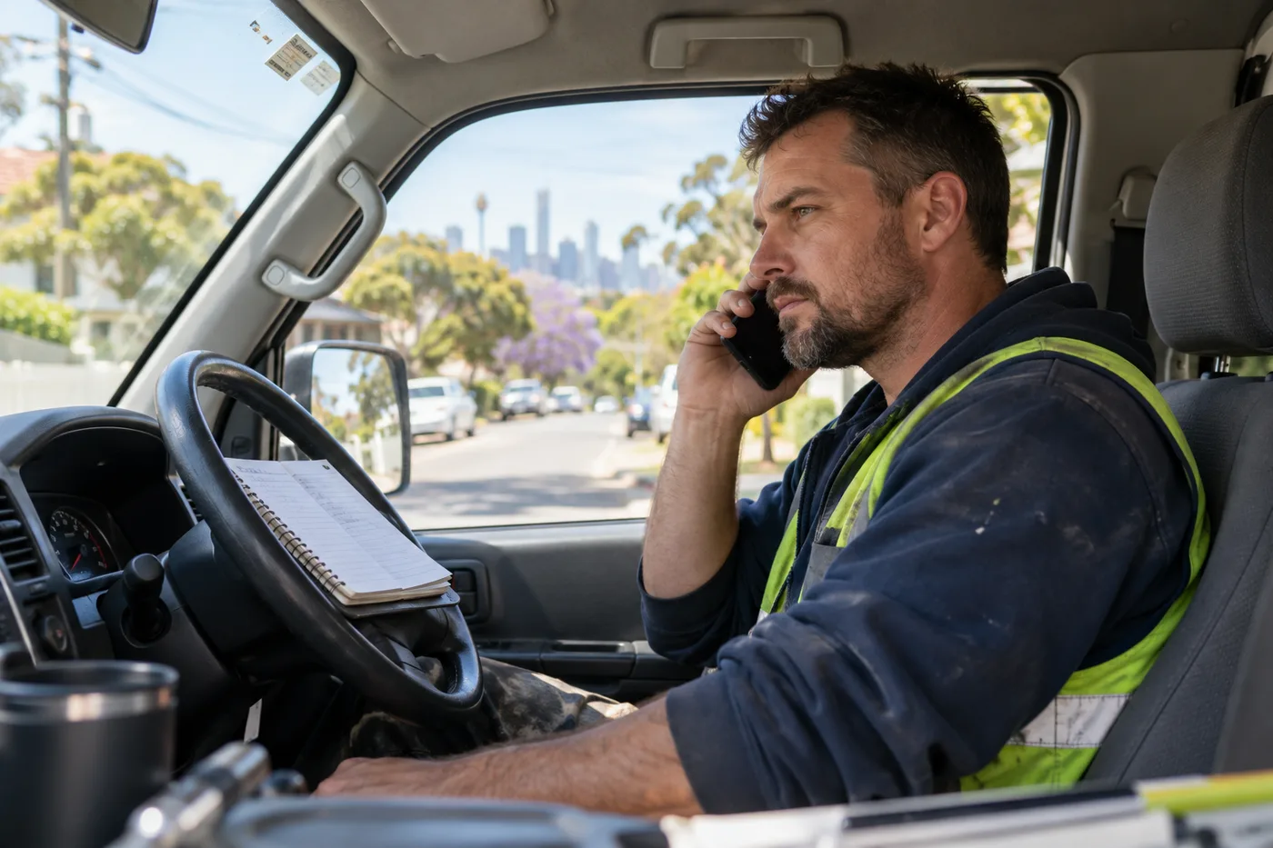 Tradesman on the phone in his ute talking to a mortgage broker about his ATO debt