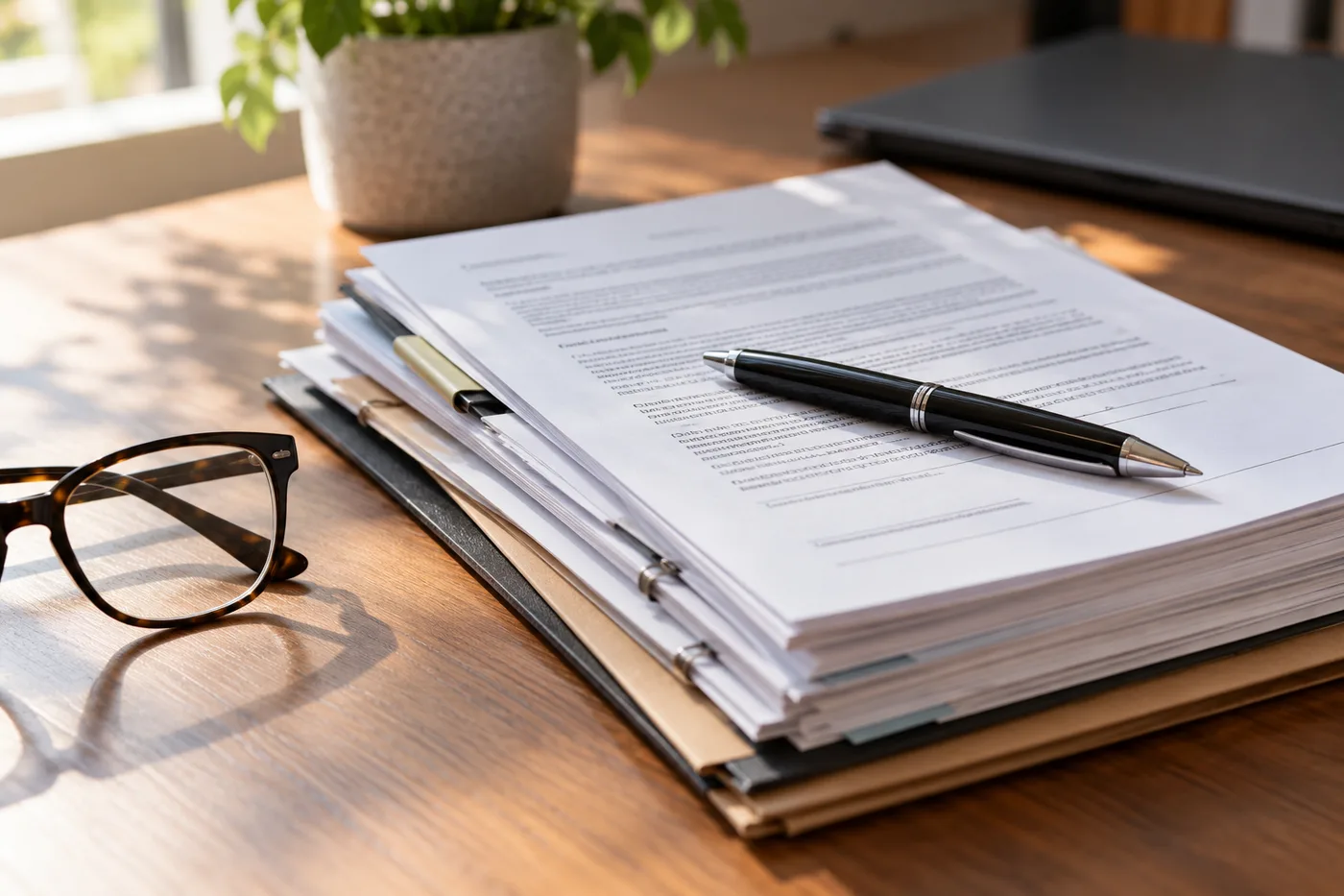Signed loan and lease agreements with a pen and reading glasses, the personal guarantees a restructure does not cover