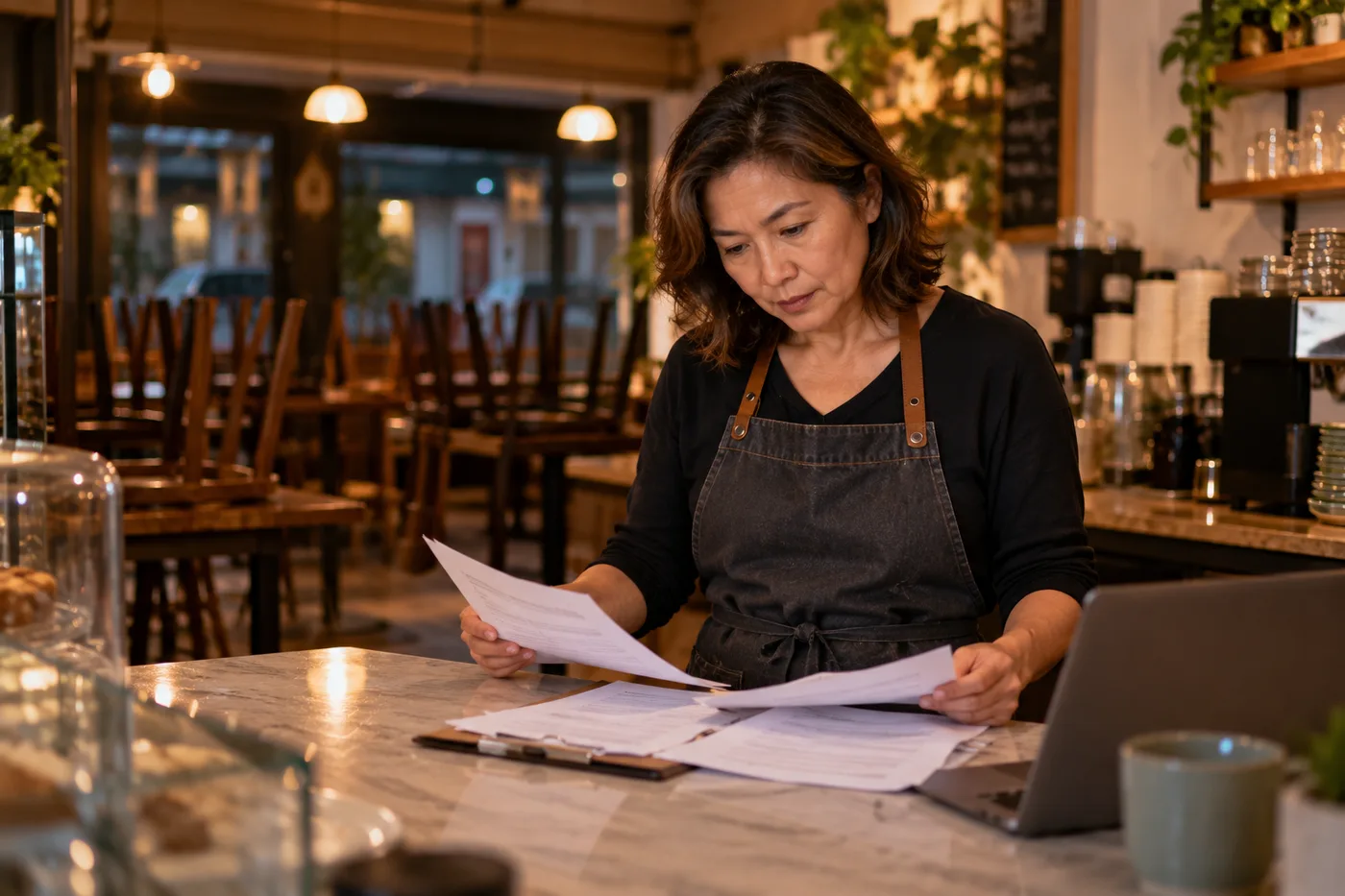 Cafe owner after closing, reading through paperwork at the counter while weighing up a small business restructure